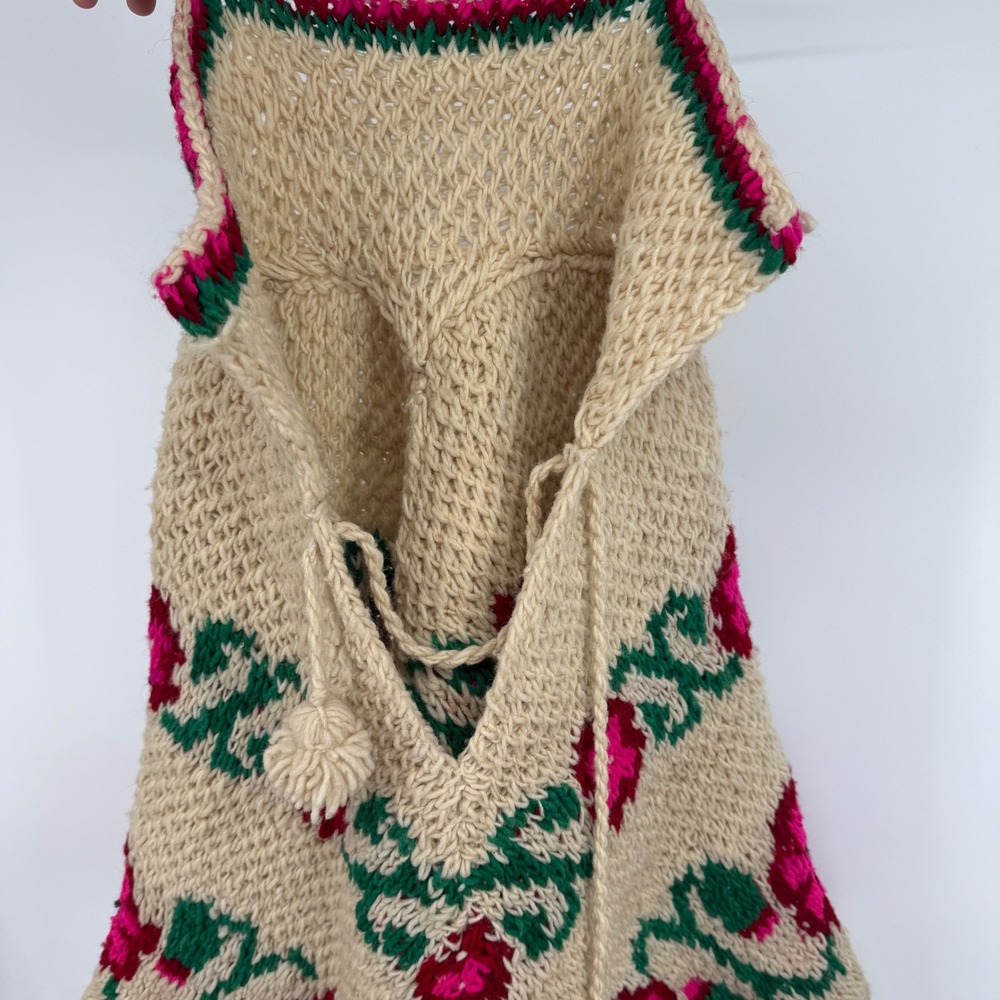 Handmade Crochet Poncho Cream Floral Pink Green Fringe Boho Grannycore One Size